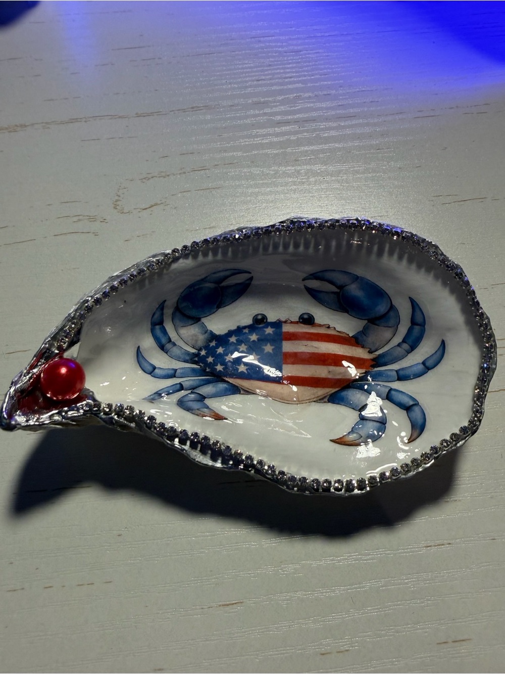 Handmade blue patriotic crab decoupage oyster shell trinket dish